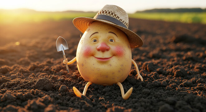 A charming potato character with a friendly human face and rosy cheeks, wearing a straw hat and holding a tiny shovel, sits contentedly on rich, dark soil. The scene is bathed in warm golden hour