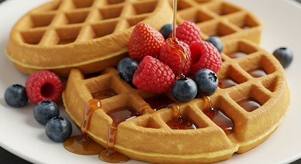 Close-up of golden waffles with berries and syrup. Delicious breakfast treat on a plate