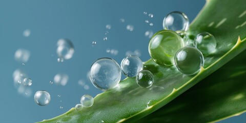 Water droplets on green leaf close-up against blue background