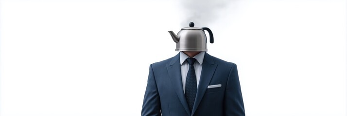 Surreal male figure with teapot head in a suit against white background
