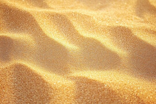 Close-up view of golden sand grains forming smooth ripples with sparkling highlights under bright light