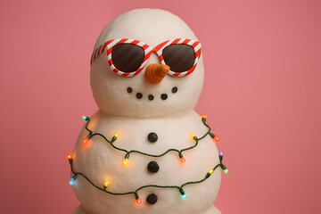 A cool snowman wearing sunglasses and christmas lights isolated on a pink background for the winter holidays, christmas
