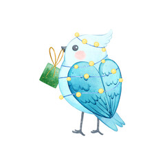 Cute White Bird is holding a gift in its beak. Watercolor illustration, children character design. Cartoon small blue bird decorated with a festive garland