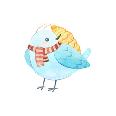 Cute white bird is holding a Christmas tree ornament - a golden fir cone. Watercolor illustration, children character design. Cartoon small blue bird in a red striped scarf