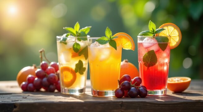 Glasses of different types of drinks on a table