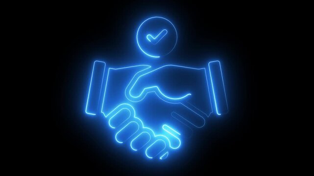 Neon blue handshake icon with checkmark on black background agreement deal