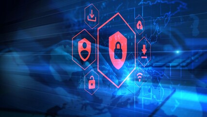 Digital security interface concept with glowing cyber shield hologram technology