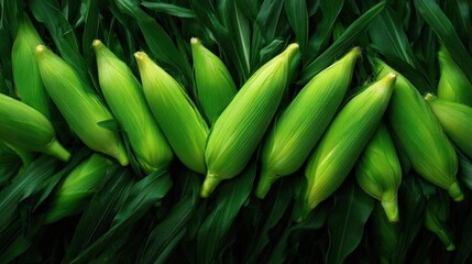 Fototapeta premium Group of corn cobs lying on top of a bed of green leaves. the cobs are arranged in a scattered manner, with some overlapping each other. the leaves are long and slender, with a pointed tip at the top.