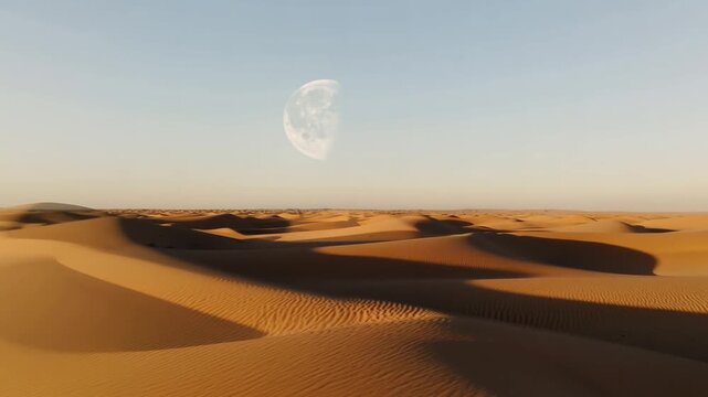 A Serene Desert Landscape Under a Majestic Moon, Showcasing the Beautiful Sand Dunes and a Unique Atmospheric Perspective of Planetary Elements