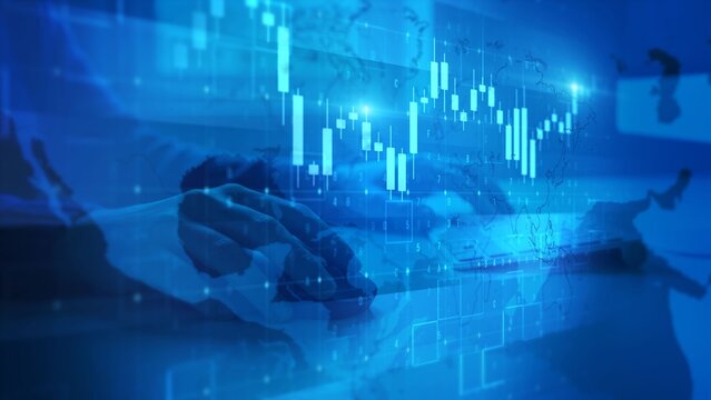 Abstract Digital Interface with Hands Typing on Keyboard in Blue Hue