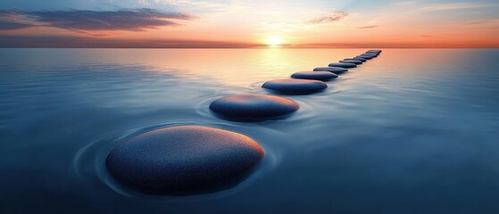 Naklejka premium Smooth stepping stones forming a path across calm water towards a serene sunset with soft clouds and pastel colors