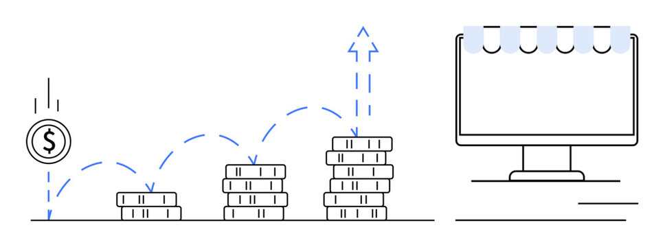 Falling coin stacks grow incrementally, symbolizing financial growth and investment next to a computer, ideal for business, trading, savings, profit, e-commerce, wealth, digital economy simple flat