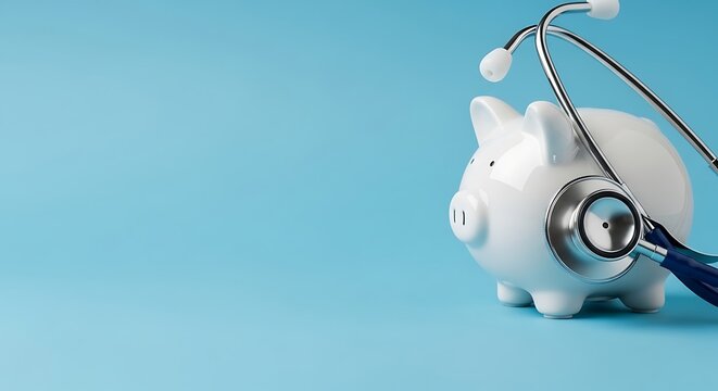 Conceptual image symbolizing health insurance healthcare costs and financial wellness against a blue background