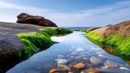 Vibrant Green Moss Clings To Wet Coastal Rocks With Clear Tidal Pool Revealing Smooth Pebbles Below Under A Bright Blue Sky