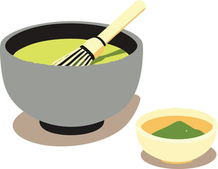 Traditional Matcha Preparation with Bamboo Whisk, Green Tea Powder, and Ceramic Bowls in Vector Style