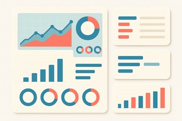 Analytical dashboard visualizations featuring line graphs pie charts and detailed performance metrics against a minimalistic beige background emphasizing data-driven decision-making
