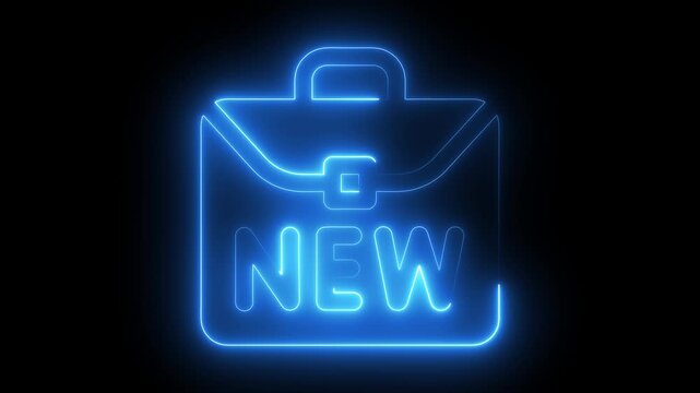 Blue neon glowing icon of a briefcase with the word NEW luggage opening