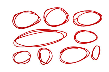 Circle red hand drawn doodle oval shape set. sketch mark, highlight round frame border design element.