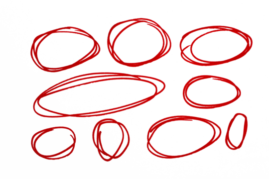 Circle red hand drawn doodle oval shape set. sketch mark, highlight round frame border design element.