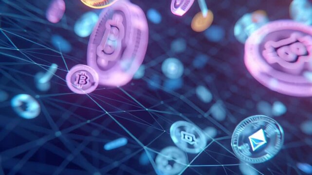 Floating crypto coins on digital network background highlighting bitcoin - Powered by Adobe