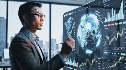 Analyst examining data visualization on interactive touchscreen display