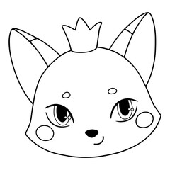 Fox Princess Head. Little Fox in a crown. Forest animals clipart, coloring book. Cute animal alphabet. Letter F. Children's linear illustration isolated on white background
