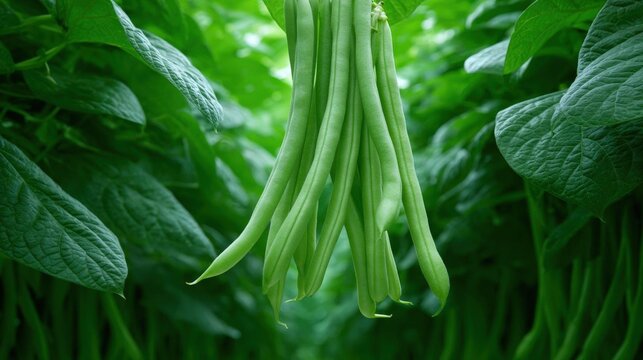Bunch of green beans hanging from a vine. the beans are long and slender, with a pointed end and a pointed tip. they are hanging from the vine with their stems and leaves visible in the background.