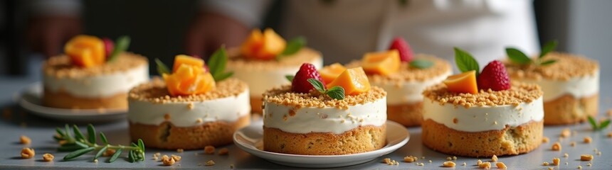 Vegan cakes with fruit on them on a tray