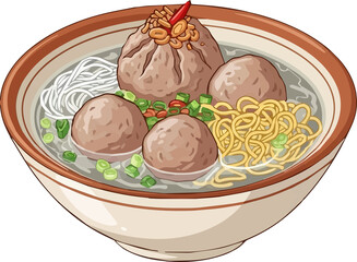 Illustration of Bakso with Noodles in a Bowl
