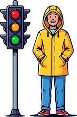 Illustration of Man in Raincoat Next to Traffic Light