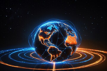 A futuristic globe surrounded by glowing blue and orange energy rings, symbolizing global connectivity and digital networks against a starry cosmic backdrop.