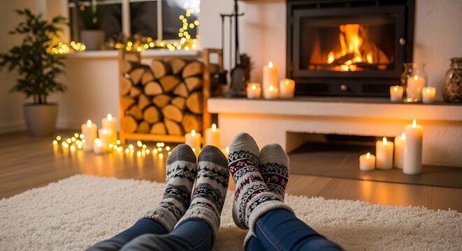 Cozy winter evening by the fireplace with lit candles and warm socks on a soft white carpet inside a home