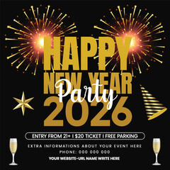 Happy New Year Celebration party Social Media Square post and banner Template, Elegant Party Invitation with Fireworks, Golden Glitter Background, Perfect for square Flyer and Poster Design