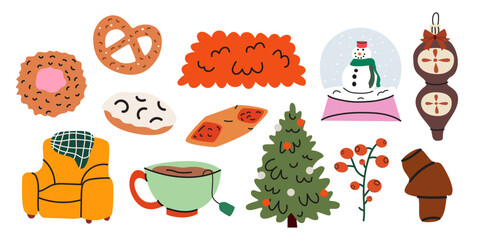 Festive cozy winter cartoon elements set in groovy style. Christmas tree, decorations, Christmas snow globe, branches, cookies, holiday pastries. Retro winter vector illustrations