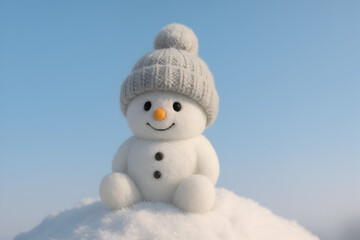 A cute snowman with a gray hat sits on a snowy hill under a clear blue sky, radiating winter charm, christmas
