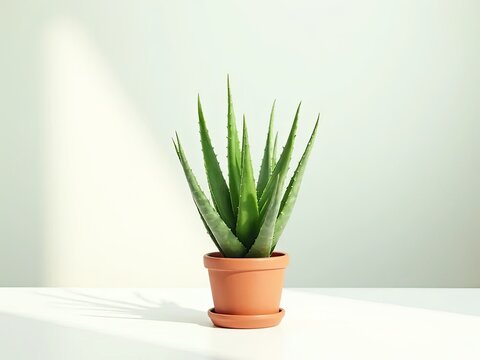 Aloe vera plant in clay pot on white table