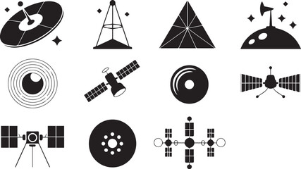 Cosmic exploration icons set for satellite technology space communication equipment
