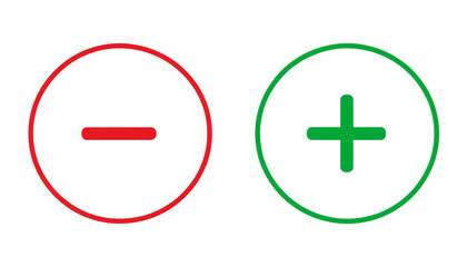Fototapeta premium Green plus and Red minus symbols, Positive an negative solid thin line vector signs. Mathematical symbols, add, subtract, right and wrong, pros and cons. Vector Illustration.