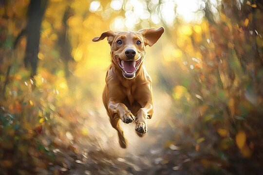 happy brown dog jumping towards camera on a forest path in autumn with golden leaves and blurred background