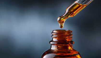 A close-up of an amber glass dropper bottle releasing a golden oil drop. Perfect for medicine, essential oils, tinctures, wellness, and pharmaceutical branding visuals