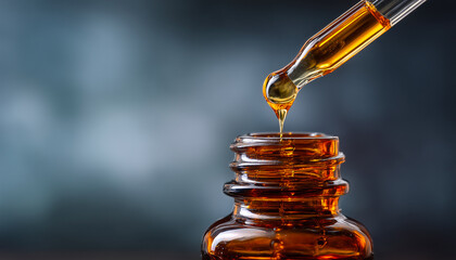 A close-up of an amber glass dropper bottle releasing a golden oil drop. Perfect for medicine, essential oils, tinctures, wellness, and pharmaceutical branding visuals