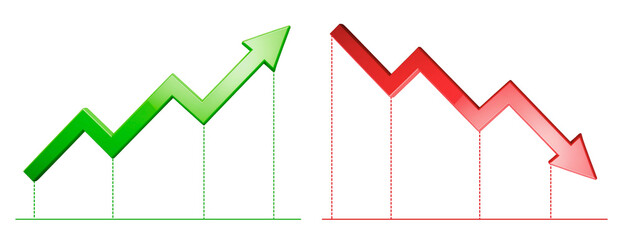 Green up and red down 3d arrow graph showing rising, descending trend, business result, profit or loss symbol symbol. Business arrow, goals concept. 3d world money symbols. Financial growth vector 