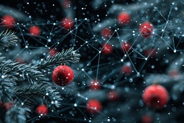 Seasonal charm: vibrant red baubles and snow-kissed fir. Data connectivity. Subtle twist: burgundy baubles with evergreen in snow. Network architecture. Digital network.