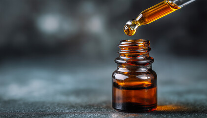 Small amber glass dropper bottle with pipette, essential oil and dark background for aromatherapy or cosmetics