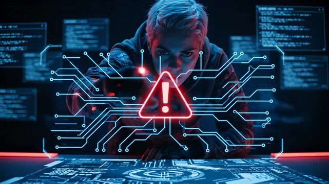 Hacker studies cyberattack warning. Security dashboard shows alert. Network diagram highlights data breach. Threat indicator pulses over circuit board. Atmosphere suggests cyberattack. Malware hint. - Powered by Adobe