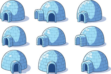 Collection of cartoon igloos made from ice blocks, arctic snow domes in multiple angles and styles, traditional winter shelter illustration