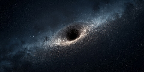 Dark cosmic space scene massive black hole swirling galaxy light distant star planet.