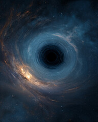 Dark cosmic space scene massive black hole swirling galaxy light distant star planet.