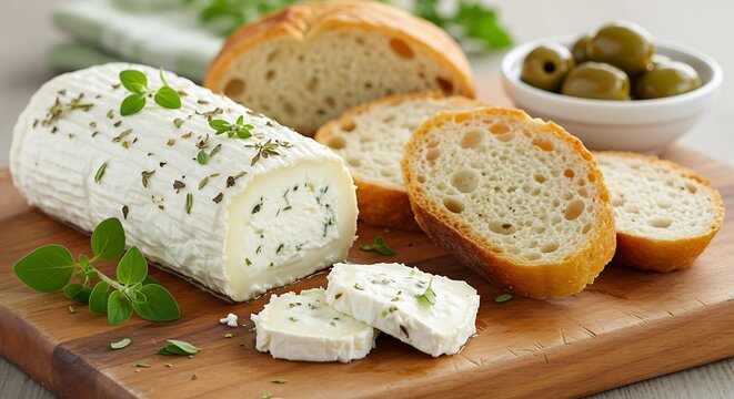 Close-up of goat cheese roll with bread slices and olives on a wooden board