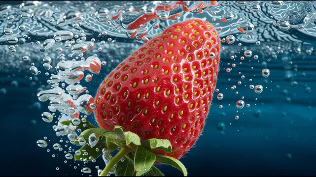 Fresh red strawberry fruit dropping into clean water creates vibrant and refreshing splash with dynamic bubble motion. healthy, close up capture of natural vitality - Powered by Adobe